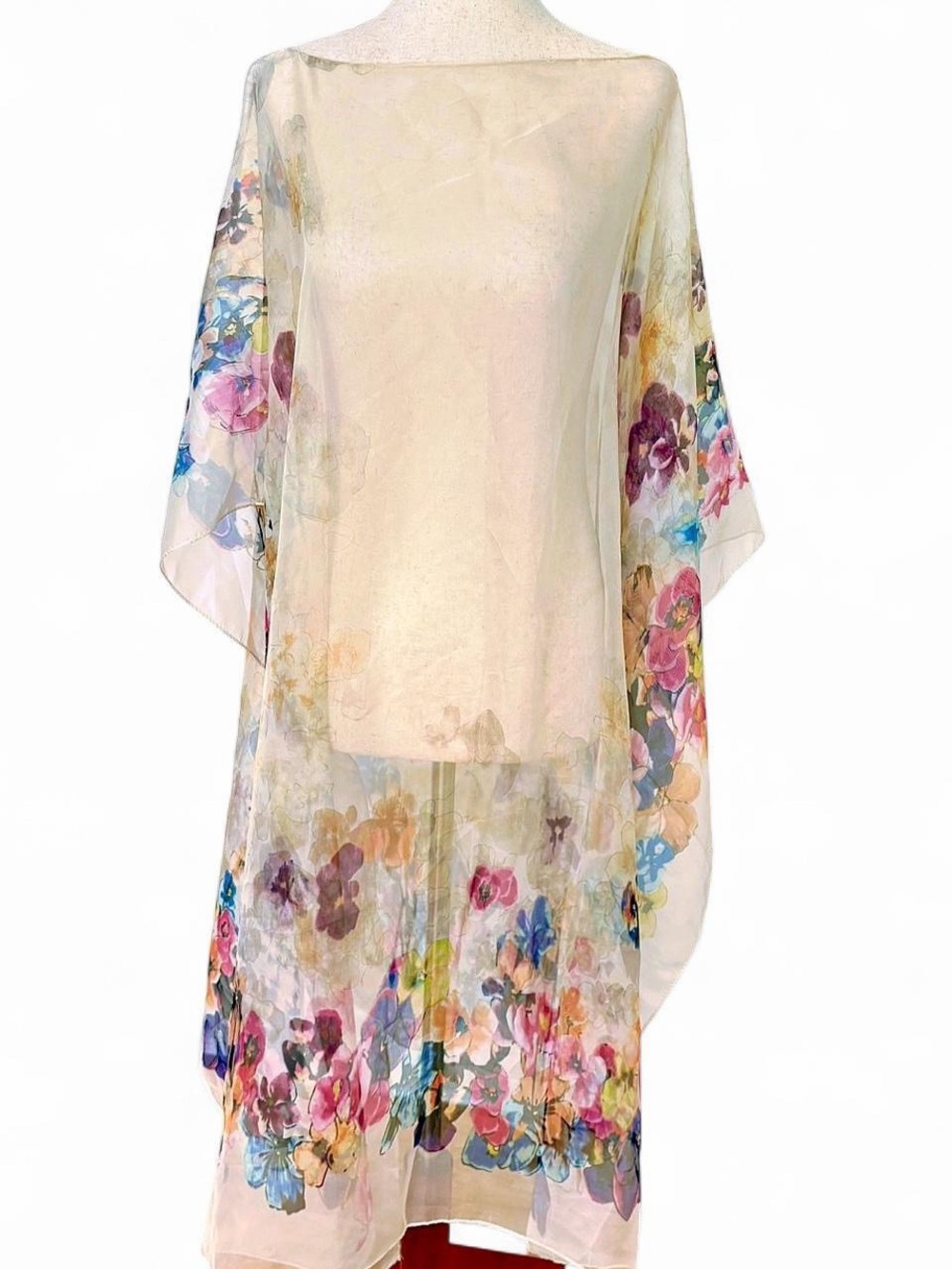 Sheer Floral Silk Caftan Tunic in Cream with Multicolor Blooms